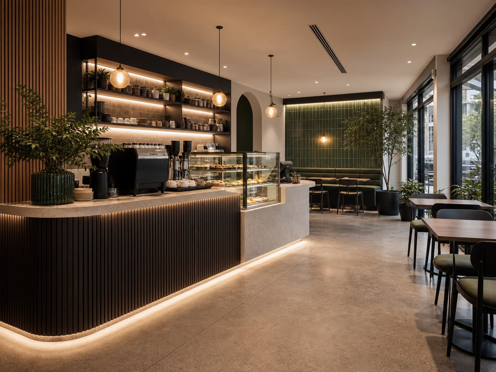 Cafe fitout image showing service counter joinery, a display area, customer seating zones, and warm front-of-house lighting.