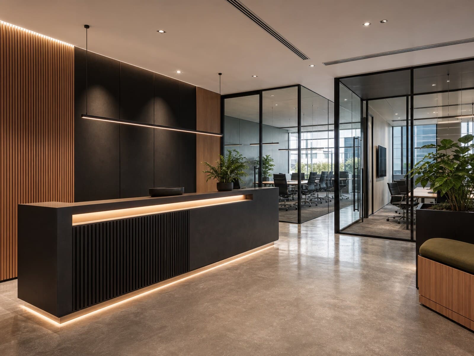 Sydney commercial fitout interior showing reception joinery, glass partitions, ceilings, and finished flooring built around daily business operations.