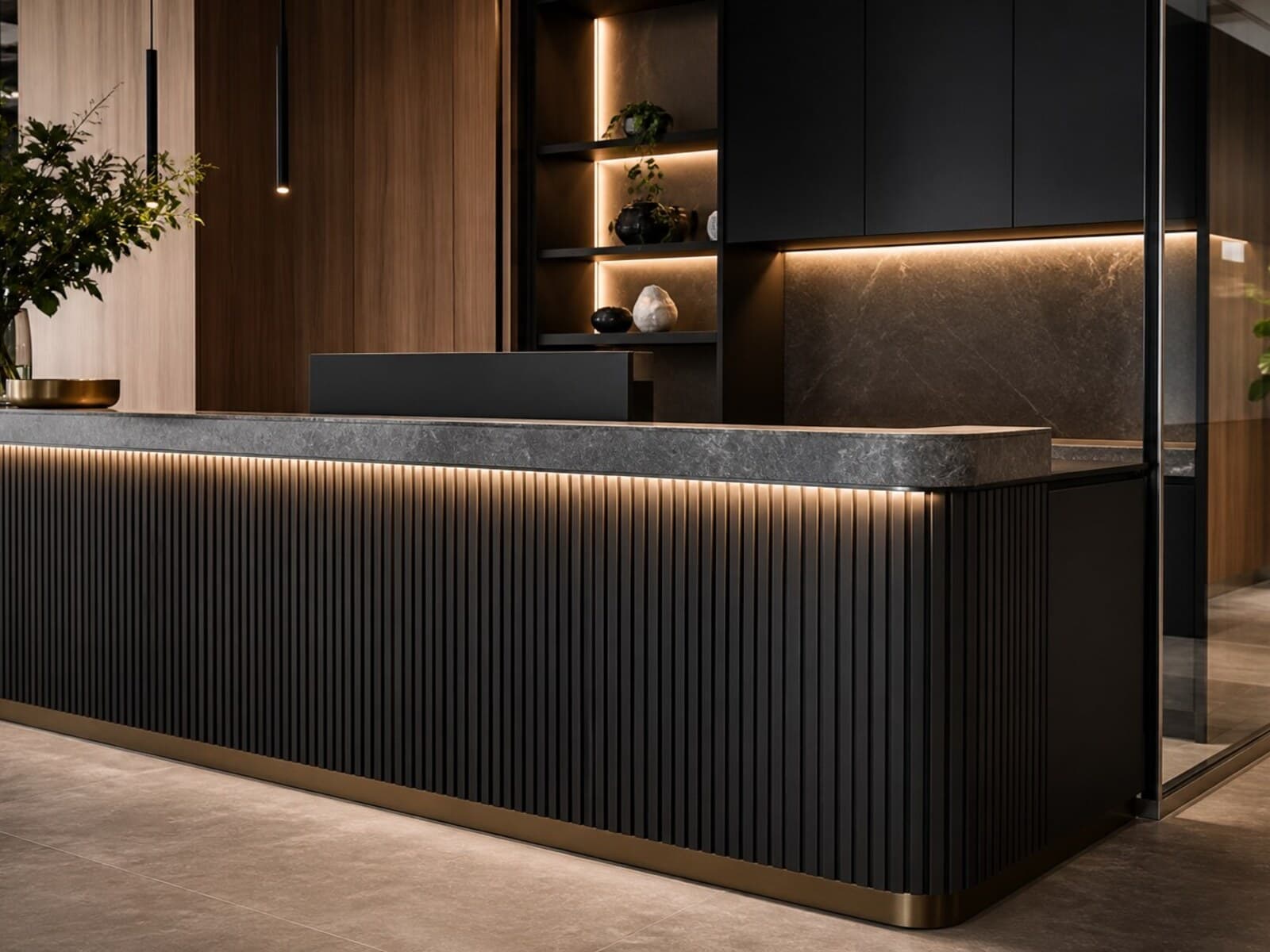 Custom commercial reception counter image showing timber-laminate joinery, integrated lighting, and built-in storage.
