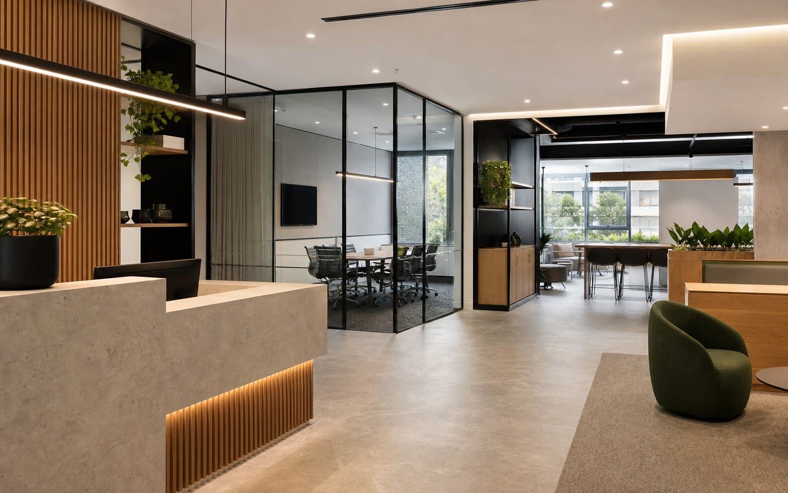 Commercial renovation interior with refined finishes and architectural lighting