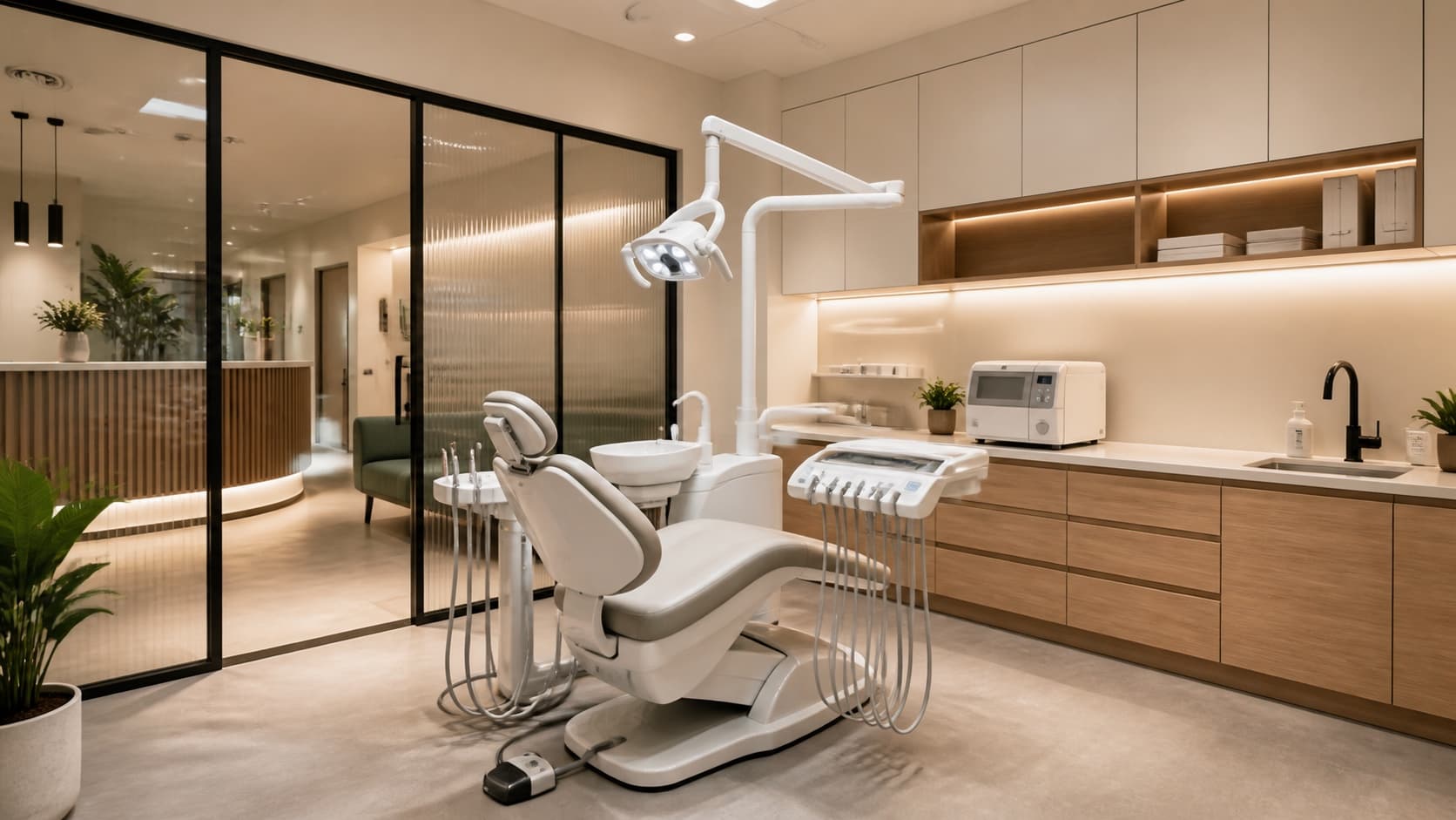 Modern dental surgery fitout with a treatment chair, steriliser bench, and timber cabinetry