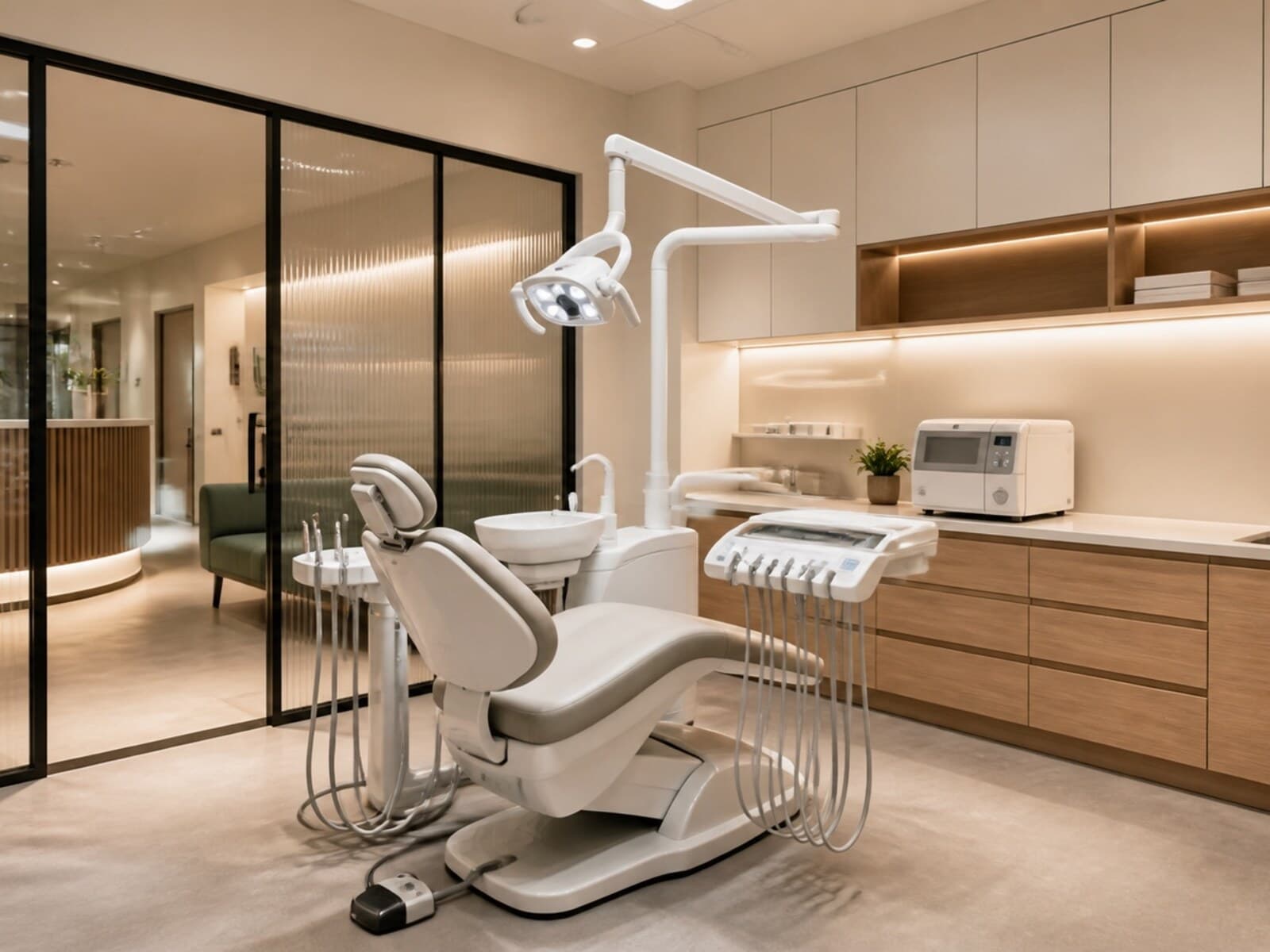 A dental practice fitout showing a treatment room with a dental chair, a steriliser bench, sealed cleanable surfaces, and timber cabinetry.