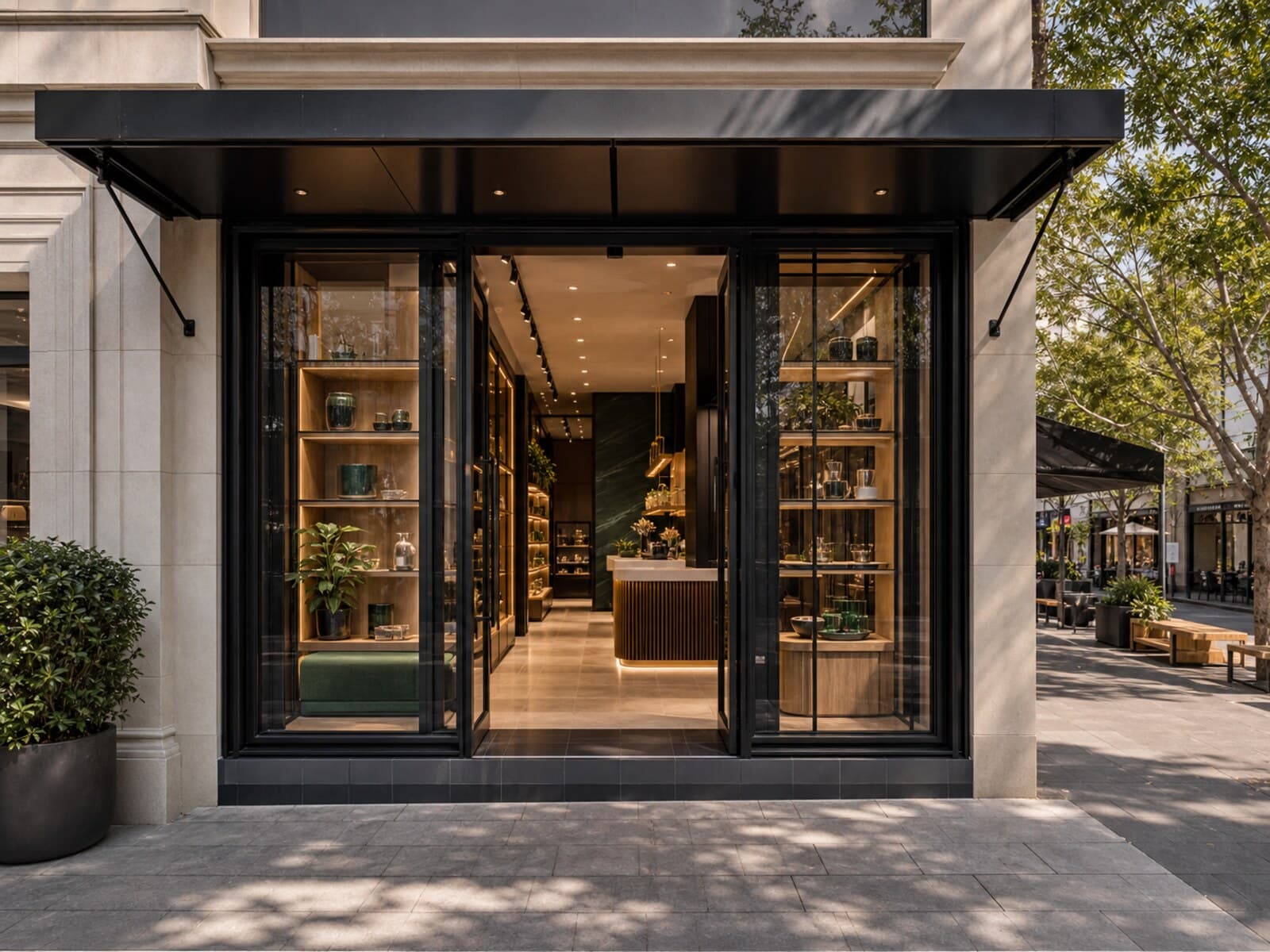 An Eastern Suburbs retail boutique shopfront fitout with display joinery and feature lighting along a busy high street.