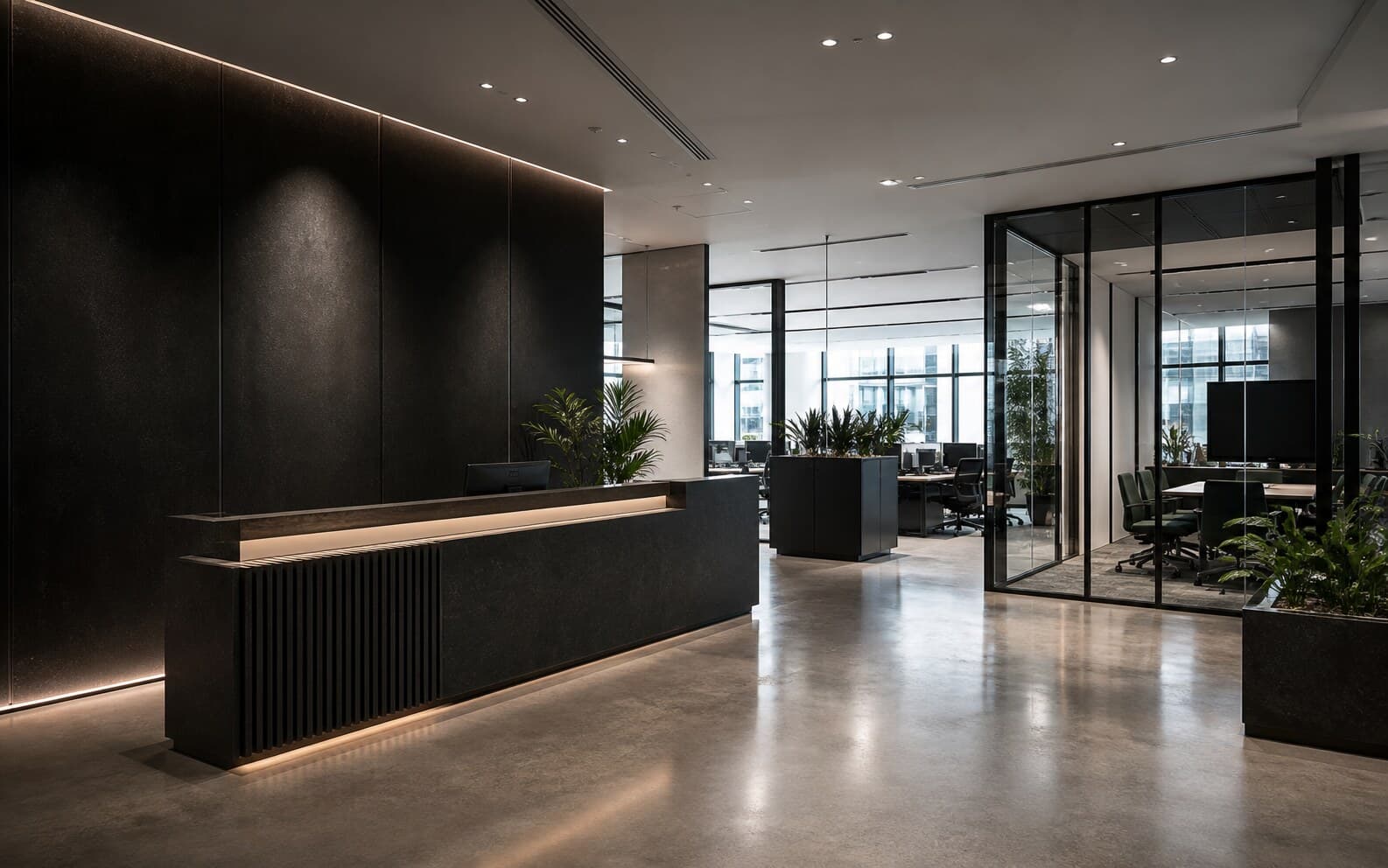 Premium commercial fitout reception with polished concrete and glass partitions