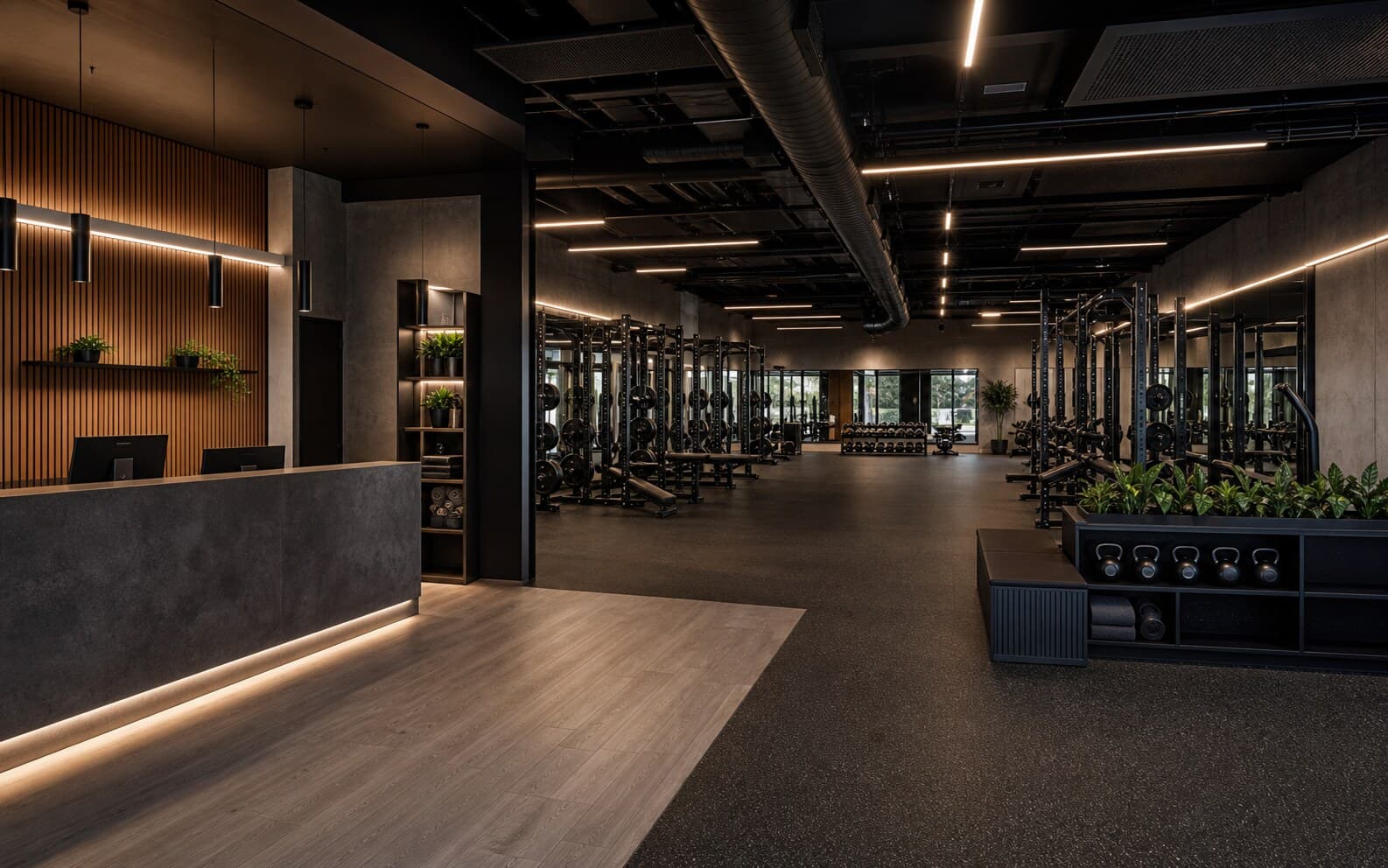 Gym fitout with reception area, training zones, and durable flooring