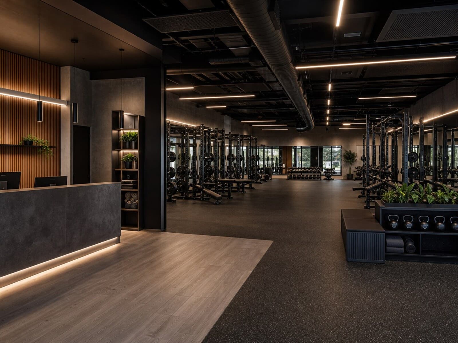 Commercial gym fitout image showing a reception desk, an open training zone with rubber flooring, and equipment spacing along durable painted walls.