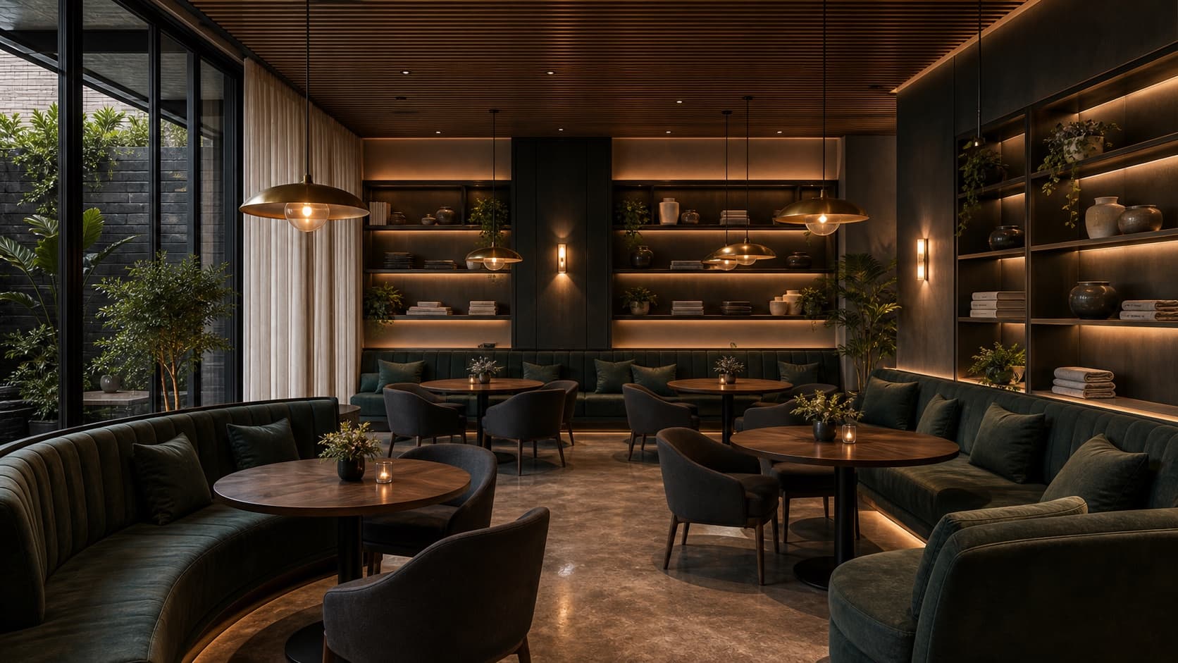 Hospitality venue fitout with lounge banquette seating, feature shelving, and warm lighting