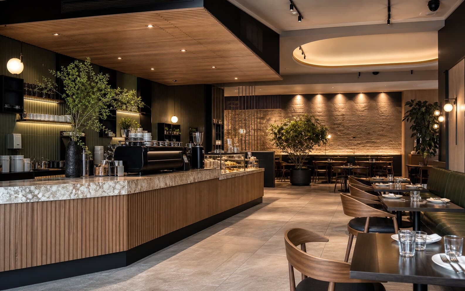Cafe fitout with counter joinery, seating, and warm front-of-house lighting