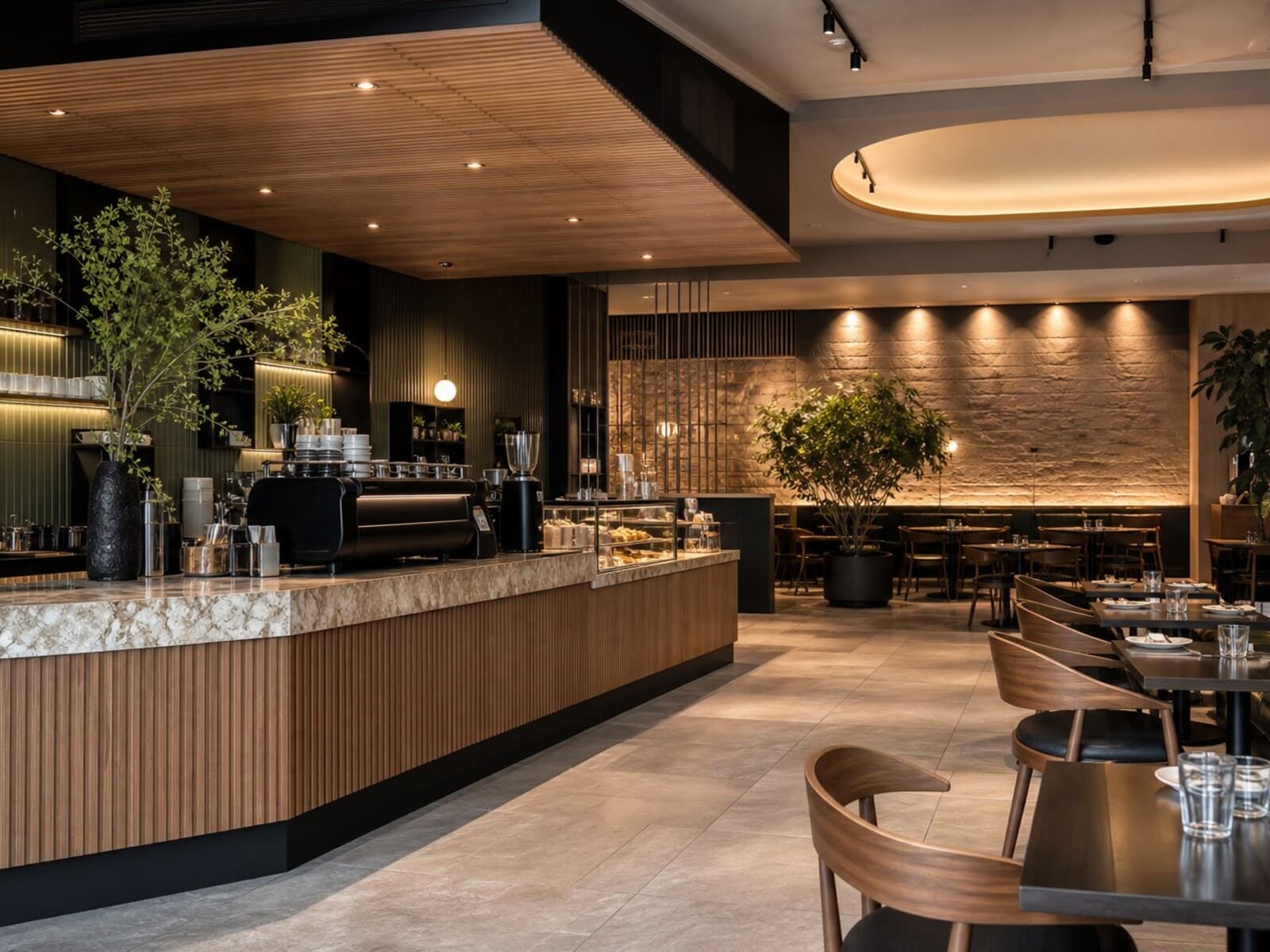 Hospitality venue fitout showing a dining room with banquette seating, a feature bar with display joinery, durable flooring, and warm front-of-house lighting.