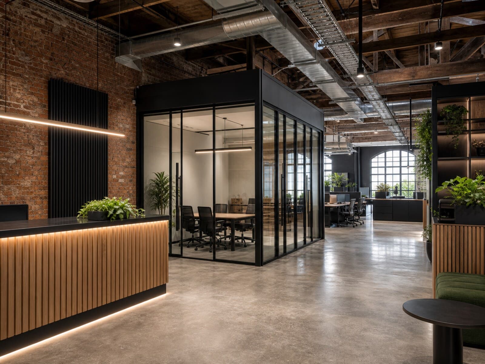Office fitout inside a converted Inner West warehouse with exposed brick, timber finishes, and a refurbished workspace layout.
