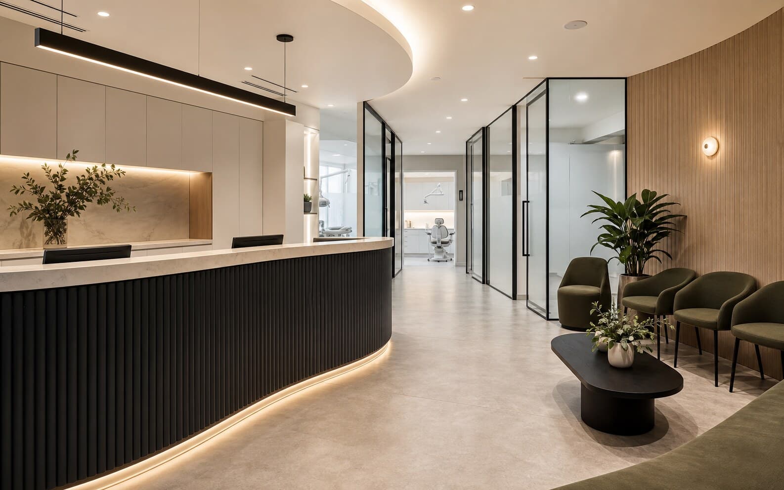 Calm medical reception fitout with curved joinery and warm finishes