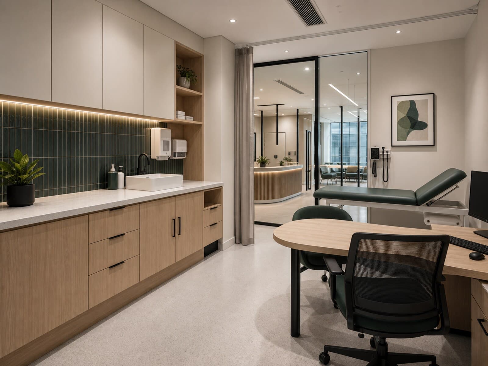 A medical consulting room fitout with a cleanable benchtop, built-in storage joinery, calm lighting, and durable hygienic finishes.