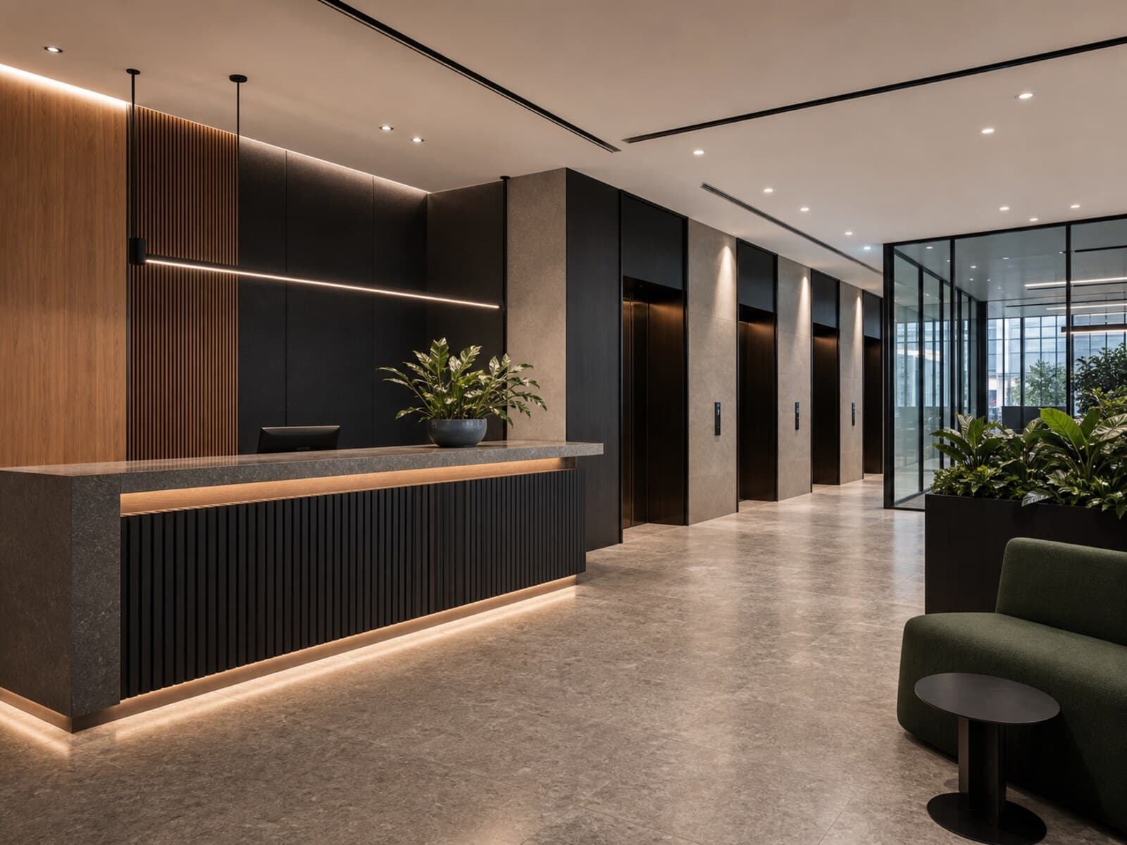 Professional reception fitout inside a multi-tenant North Shore commercial office tower with lift access and durable finishes.