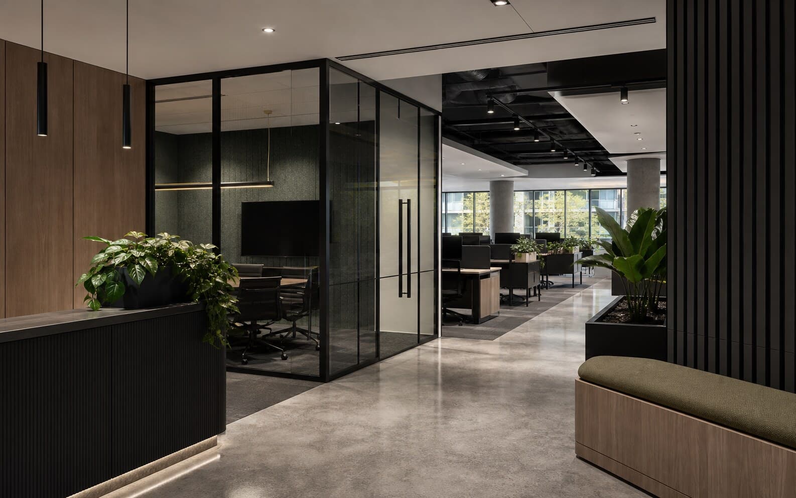 Warm office fitout with timber, glass meeting rooms and planting
