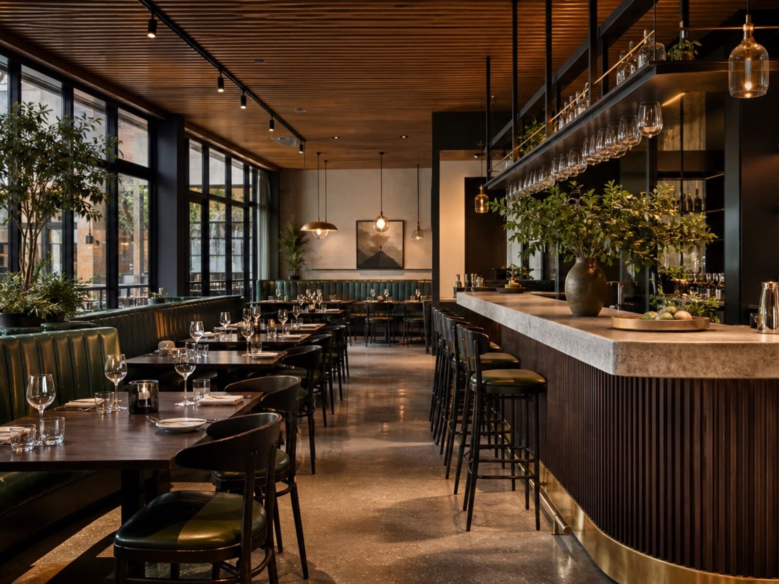 Restaurant fitout image showing a dining room with banquette seating, a feature bar, and back-of-house service points set up for guest and staff flow.
