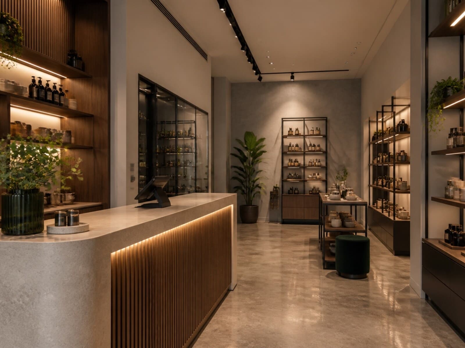 Sydney retail store fitout with custom display joinery, a service counter, integrated lighting, and a clear customer browsing path.