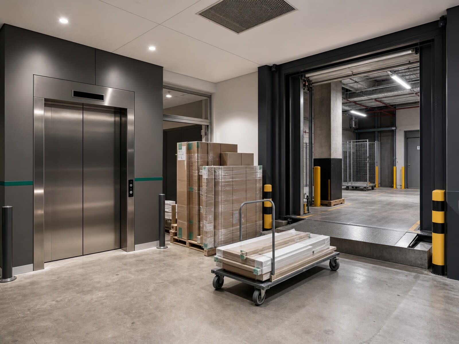 A goods lift and loading dock entry inside a multi-tenant Sydney CBD commercial tower used for fitout deliveries and waste removal.